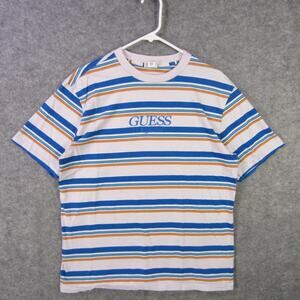 Guess Originals Shirt Mens Medium White Blue Orange Stripe Crewneck Logo Tee